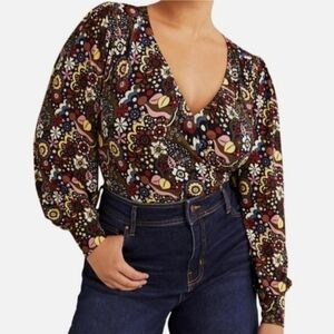 Boden  Retro  floral  blouson sleeve jersey Wrap Top  12 nwt Bohemian cottage